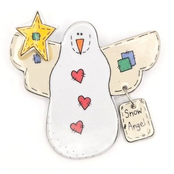 Large Ceramic Snow Angel Pin Brooch Star‎ Christmas Holiday Cute Rustic Country