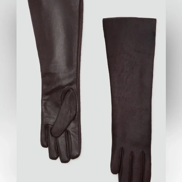 Mango brown long leather gloves with fur
