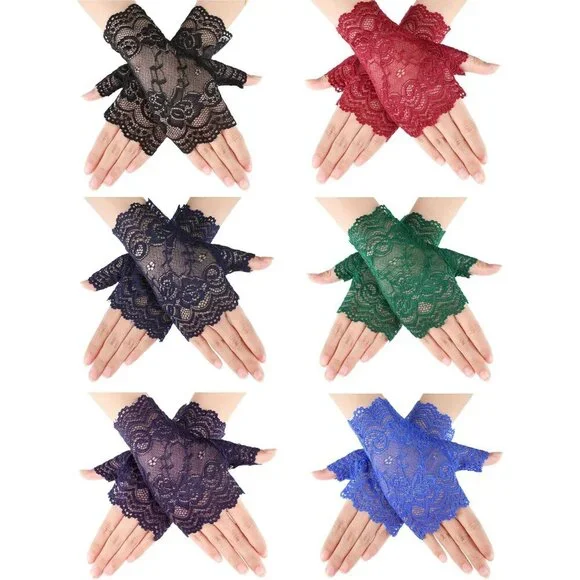 Women's Lace Fingerless Gloves 6 Pairs Elegant Floral Short Bridal Party