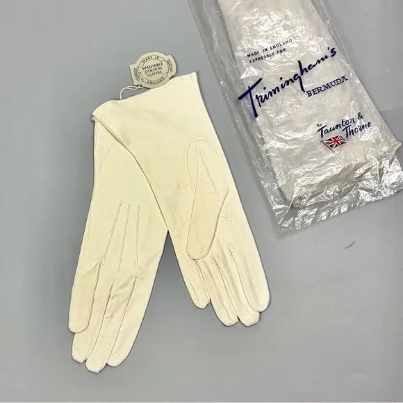 New Vintage White Gloves Washable Doeskin Leather Trimingham Bros sz 7,5 England