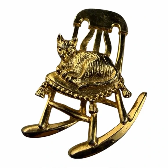 Vintage‎ cat on rocking chair GRA brooch pin gold tone