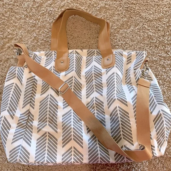 Neutral Chevron Baby Bag Tote with Tan Straps