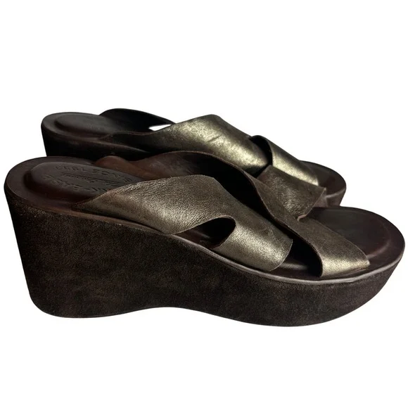 Kork-Ease Womens Bronze Metallic Leather Suede Platform Wedge Sandals Size 10