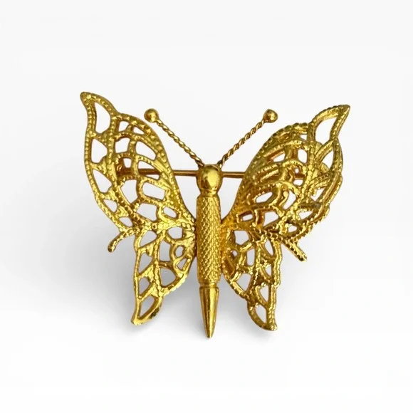 Monet Signed Gold‎ Tone Butterfly Brooch Filigree Vintage