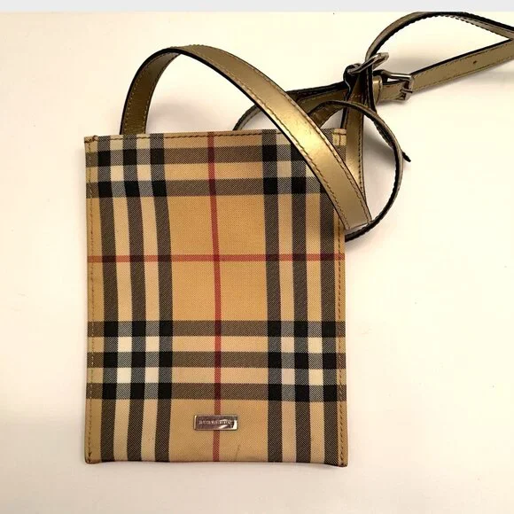 Burberry Nova Check Coated Canvas Crossbody Bag with metallic strap