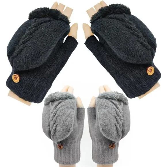 2 Pairs Women's Fingerless Wool Gloves Warm Fleece Lined Knit Texting Mittens