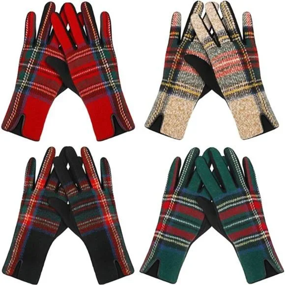 4Pair Women's Plaid Gloves Winter Touch Screen Tartan Fleece Warm Mitten