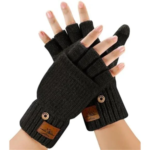 Women's Winter Fingerless Gloves Mittens Finger Wool Gloves with Flip
