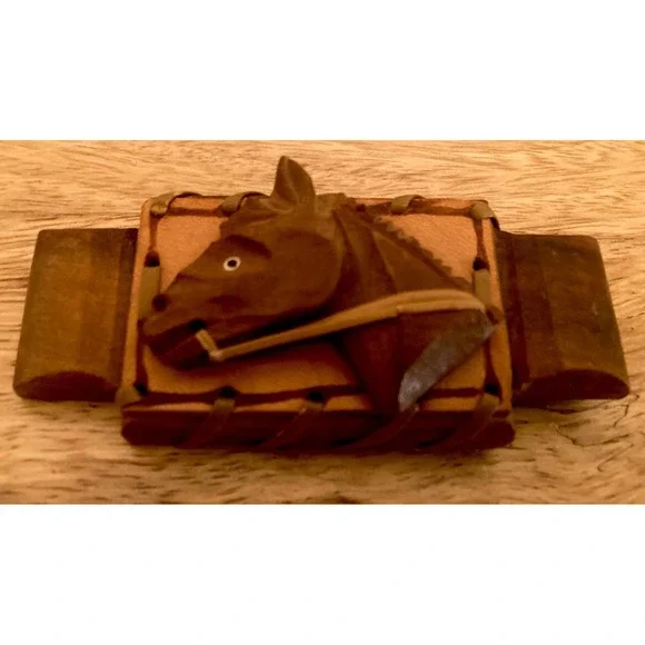 Vintage 1930's Horse Western Equestrian Brooch‎ Pin Hand Carved Wood Leather EUC