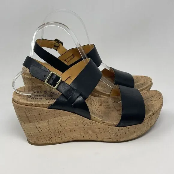 Kork Ease Austin Cork Wedge Sandals Womens 10 M Black Leather Ankle Strap Buckle