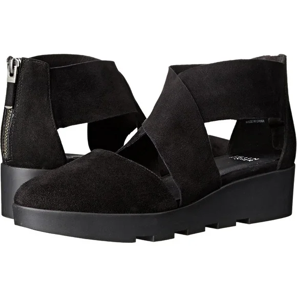 Eileen Fisher Buoy Suede Crisscross Black Wedge Sandals Women's Size 10