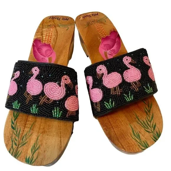 Miz Tanice Beaded & Painted Pink Flamingo Wood Slides in ladies Sz 8.