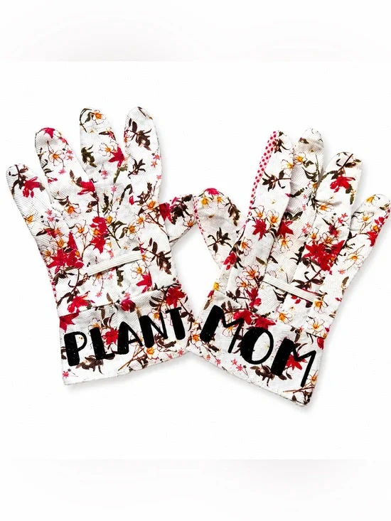 Floral 'Plant Mom' Gardening Gloves in White and Red