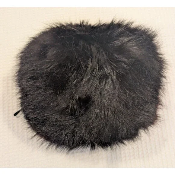 Vintage Black Faux Fur Hand Warmer Muff – Wrist Leash, Satin Lining, Pocket – 11