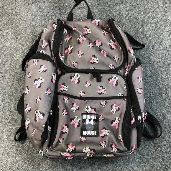Disney Minnie Mouse Diaper Bag Backpack Grey Pink Bow Print Multi Pocket