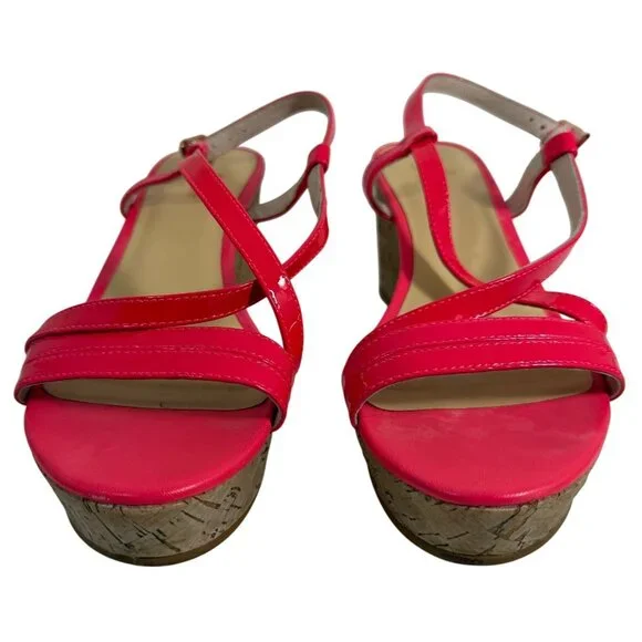 KATE SPADE Hot Pink Patent Cork Wedge Platform Sandal Strappy Heels Size 8
