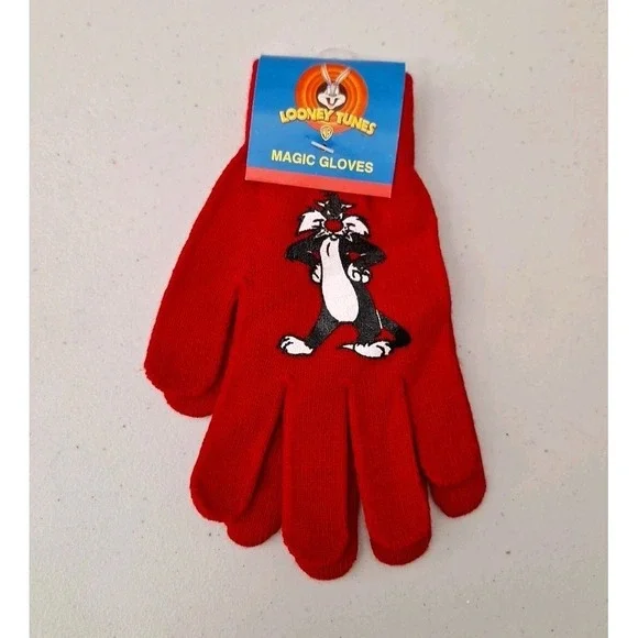 Looney Tunes Knit Magic Gloves Winter‎ Vintage Lrg Embroidered Red One Size NEW