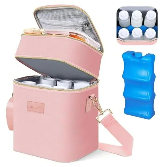 Breastmilk Cooler Bag with Ice Pack Fits 6 Baby Bottles Insulated Leakproof Tote