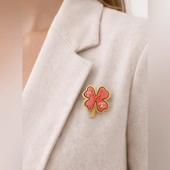 Chanel Gold and Pink Four Leaf Clover Brooch CC