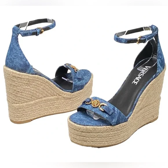 VERSACE Medusa Barocco Denim Wedge Sandals, NWT + Box & Dust Bag