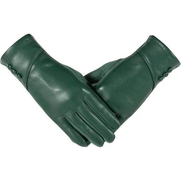 Women's Green Winter Leather Suede Gloves Wool Lined Windproof Touchscreen