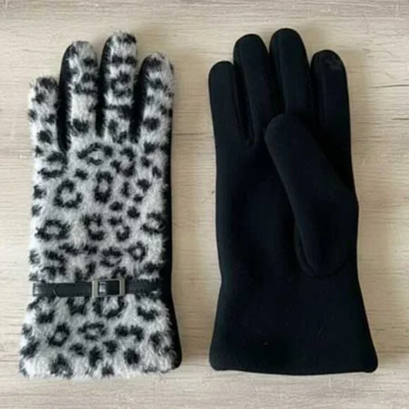 Black Fashionable Faux Fur Leopard Print Gloves