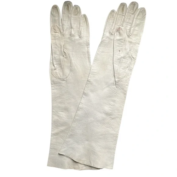 Vintage | Elegant Long Cream Off-white Leather Opera Gloves Small