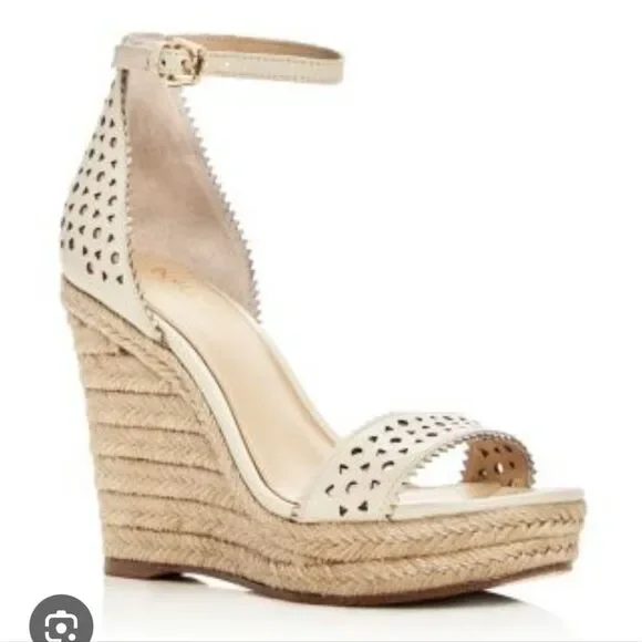 Botkier Jamie Genuine Leather Laser Cut Wedge Sandals In Cream Beige Size 9