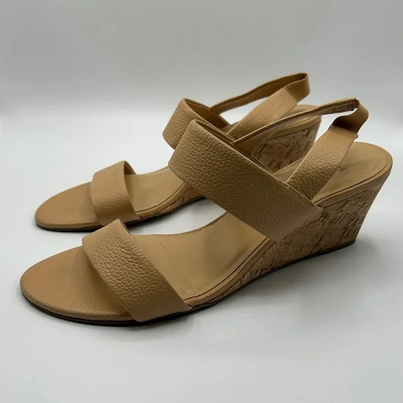 Talbots Tan Pebbled Leather Cork Wedge Slingback Sandals 11M Brazil Quiet Luxury