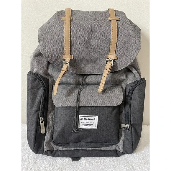 Eddie Bauer First Adventure Diaper Bag Backpack Unisex Grey Herringbone Large