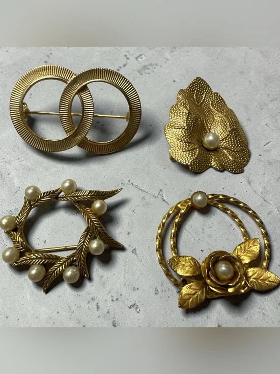 Gold-Tone Floral & Pearl Brooch Set - Women's Jewelry