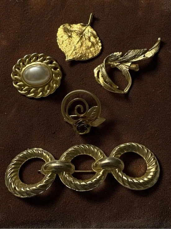 Gold-Tone Vintage Brooch Lot - Leaf, Chain & Pearl Styles