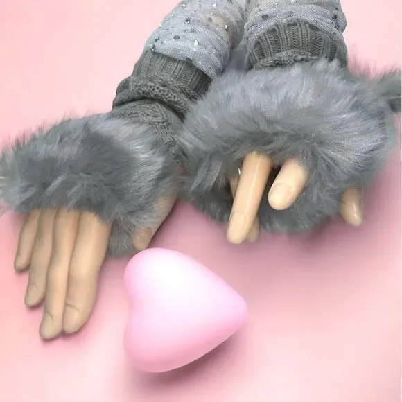 SXY l Elegant Silver Arm Sleeves Shimmery & Sheer, Gray Fuzzy, Fingerless Gloves