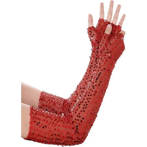 Women's Red Fingerless Glitter Sequin Sparkling Elbow Length Long Gloves