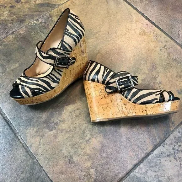 Antonio Melani Zebra Wedges Heels Tan and Black Size 7 M