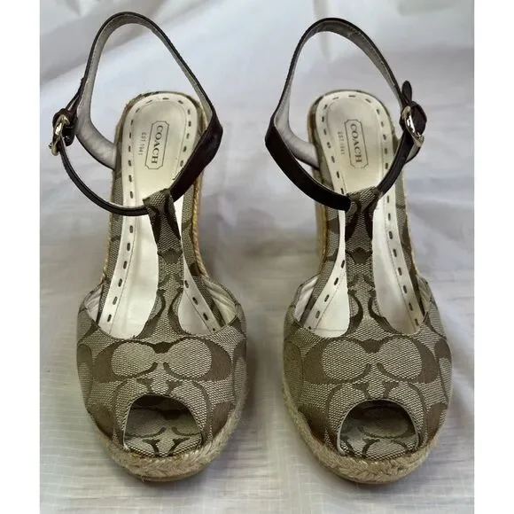 Coach Brown Jacquard Fabric Logo Peep Toe Sling back Wedge Shoe Sz 9