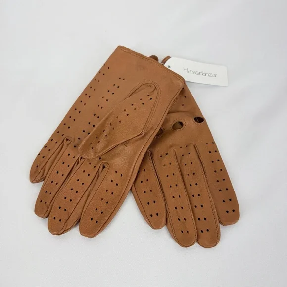 Harssidanzar Women’s size Large Cognac Lamb Skin Leather Driving Gloves New
