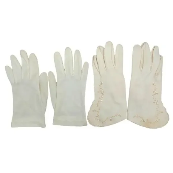 Lot 2 Pairs Vintage White Nylon Cotton Ladies Wrist Length Shorties Dress Gloves