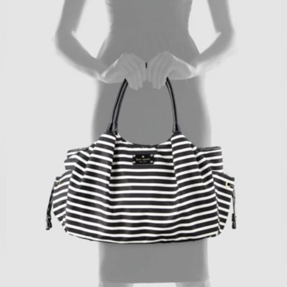 NWT Kate Spade Stevie Baby Bag Tote Nylon Classic Black White Stripe Diaper NEW