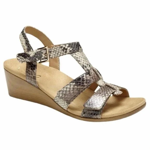 Vionic Glenda Wedge Orthaheel Natural Snake Print Sandals.