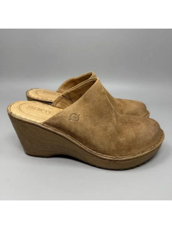Born Natalie Shoes Womens Size 7 Brown Suede Wedge Platform Clogs Slip On Casual