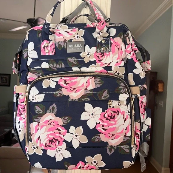 Floral Diaper Backpack • USB Port Changing Pad New No Tags Roomy Has Everything