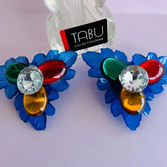 Vintage STATEMENT 1980 Retro Blue Jeweled Floral Clip On Earrings