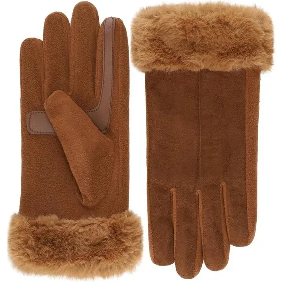 Women Water Repellent Faux Fur Cuff Gloves Touchscreen Stretch Small-Medium
