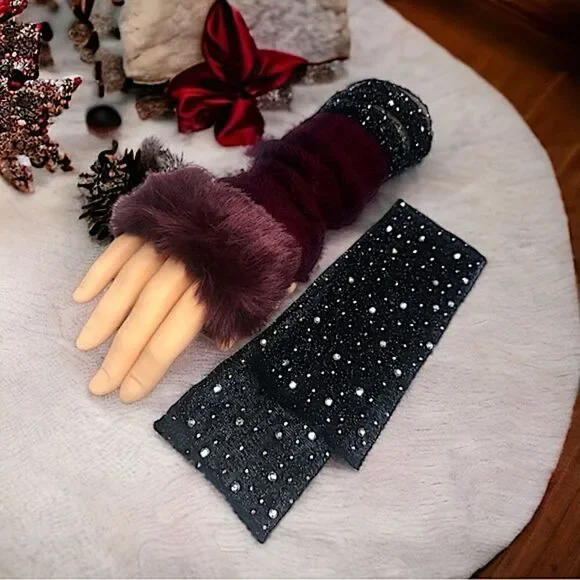 SXY l Custom Set l Elegant Black Arm Sleeves Shimmery & Sheer, Burgundy Gloves