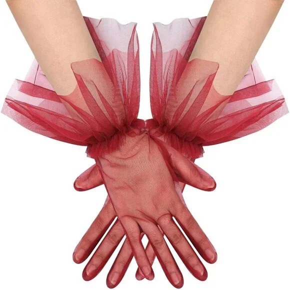 Women's Puffy Ruffle Burgundy Tulle Sheer Mesh Party Prom One Size Short Gloves