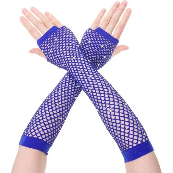 Women's Rhinestone Royal Blue Sparkly Halloween Cosplay Fingerless Long Gloves