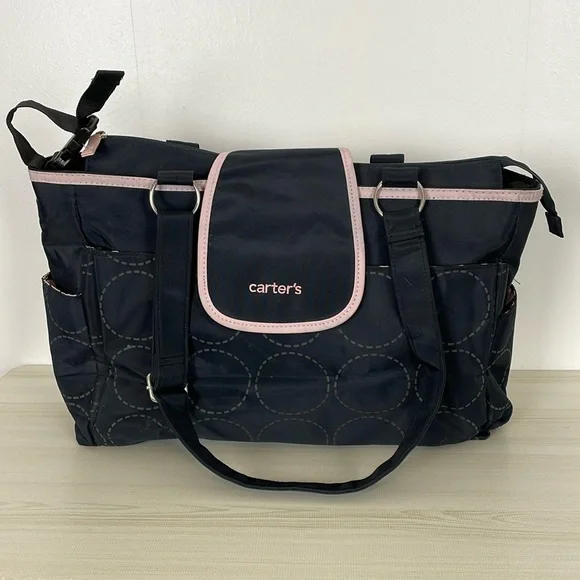 Carter's Black Pink Baby Diaper Bag Large 2 Outside Pockets 2 Side Pockets
