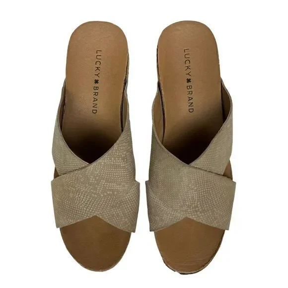 Lucky Brand Wedge Neeka Sandals Snake Skin Print Tan Cream Leather Upper 9M