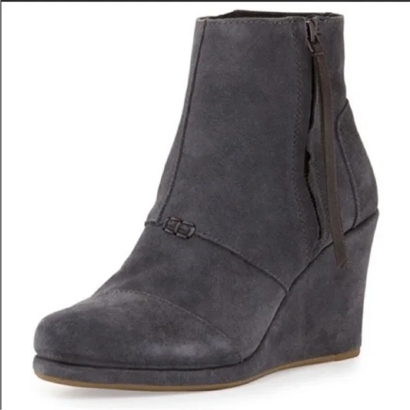 Tom's Dark Grey Suede Desert Wedge High Bootie, like new!